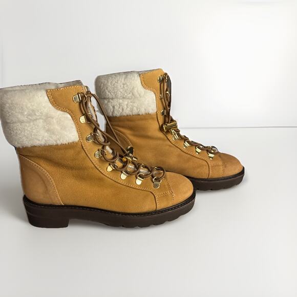 Stuart Weitzman Women's Rockie Lift Chill Boot Size 7 Tan Leather & Shearling - Picture 1 of 5